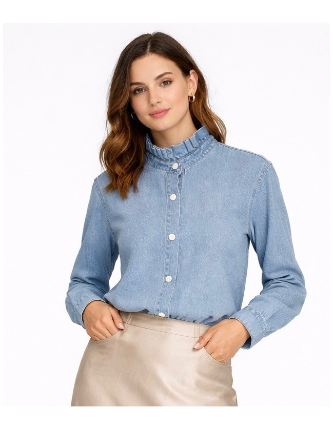CAMISA DENIM CUELLO PLISADO